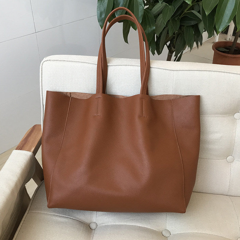 Large Soft Cowhide Leather Tote | Minimalist Oversized Shopper with Removable Inner Pouch