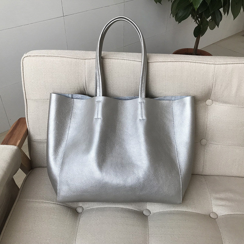 Large Soft Cowhide Leather Tote | Minimalist Oversized Shopper with Removable Inner Pouch