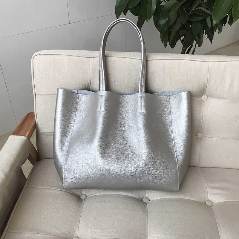 Large Soft Cowhide Leather Tote | Minimalist Oversized Shopper with Removable Inner Pouch