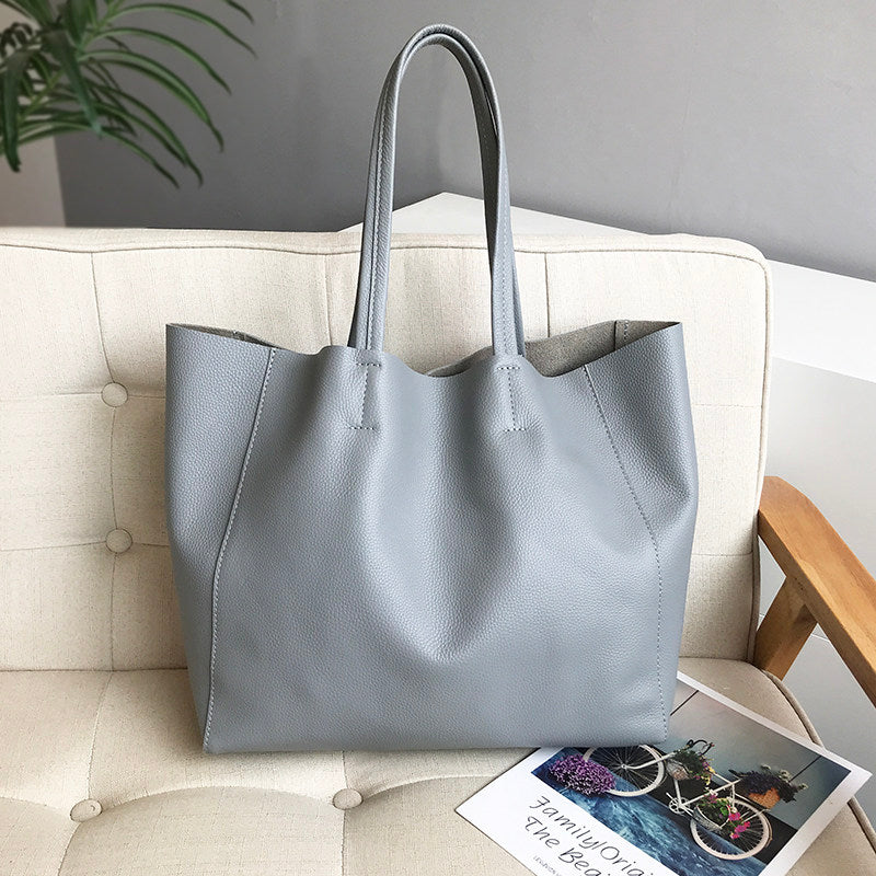 Large Soft Cowhide Leather Tote | Minimalist Oversized Shopper with Removable Inner Pouch