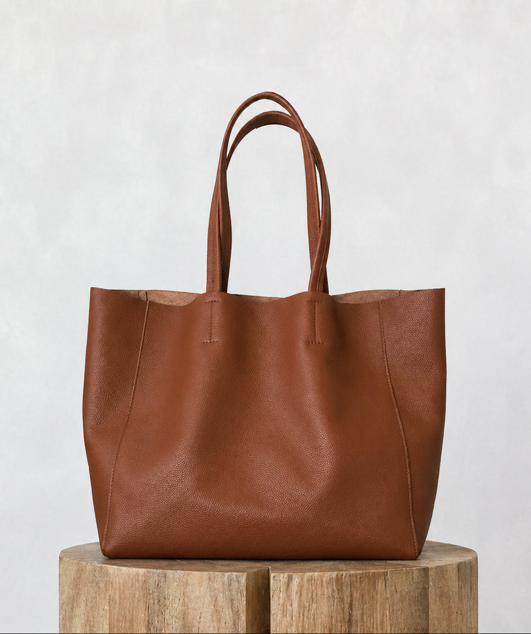 Large Soft Cowhide Leather Tote | Minimalist Oversized Shopper with Removable Inner Pouch