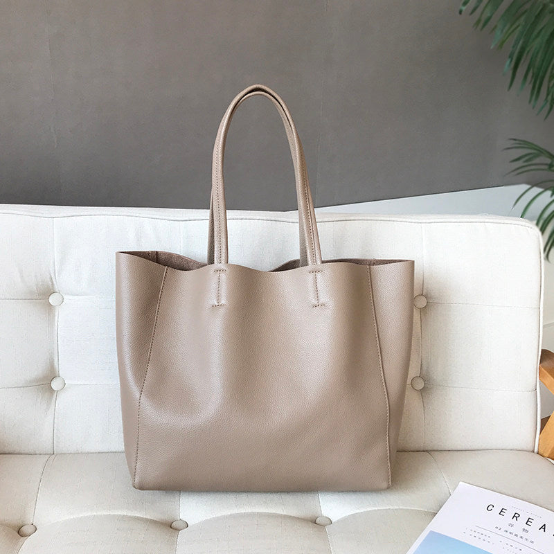 Large Soft Cowhide Leather Tote | Minimalist Oversized Shopper with Removable Inner Pouch