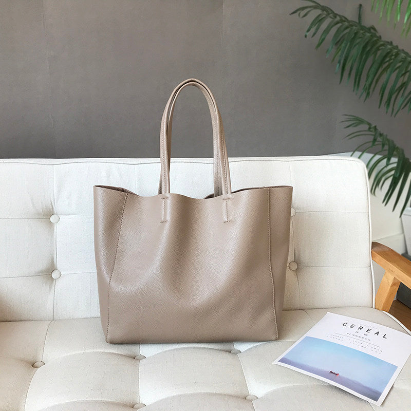 Large Soft Cowhide Leather Tote | Minimalist Oversized Shopper with Removable Inner Pouch