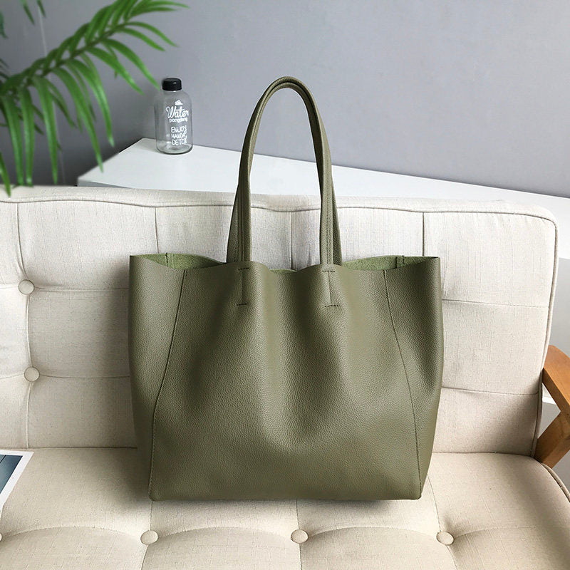 Large Soft Cowhide Leather Tote | Minimalist Oversized Shopper with Removable Inner Pouch