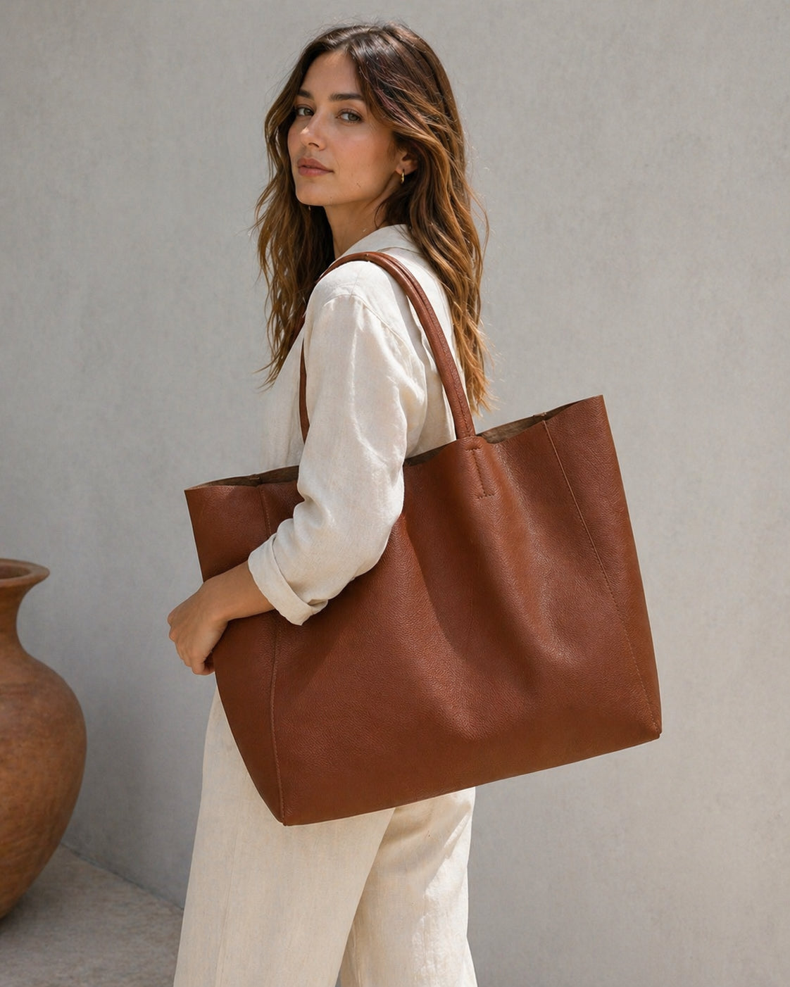 Large Soft Cowhide Leather Tote | Minimalist Oversized Shopper with Removable Inner Pouch