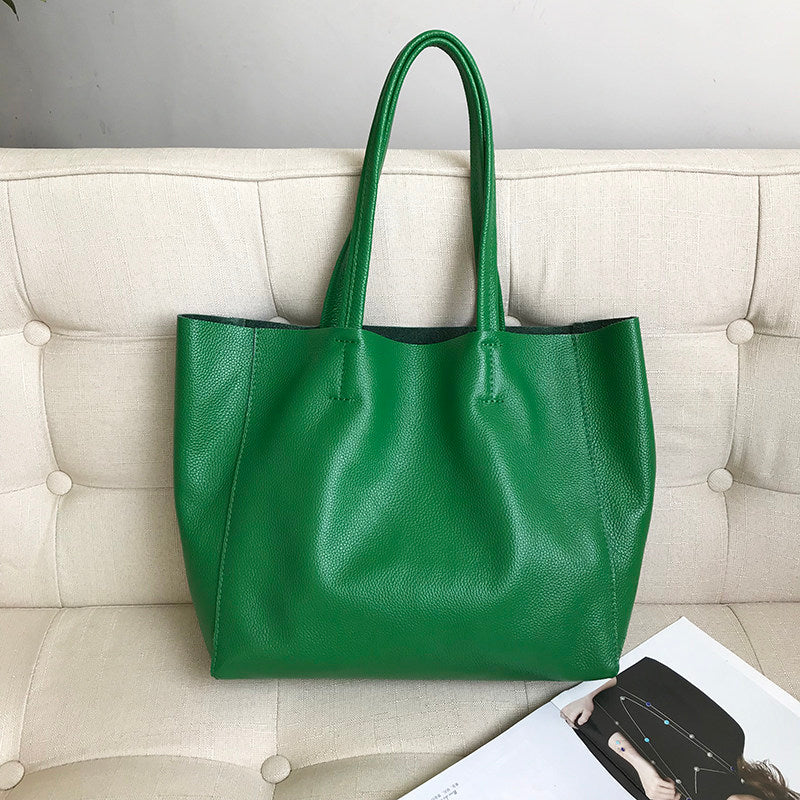 Large Soft Cowhide Leather Tote | Minimalist Oversized Shopper with Removable Inner Pouch