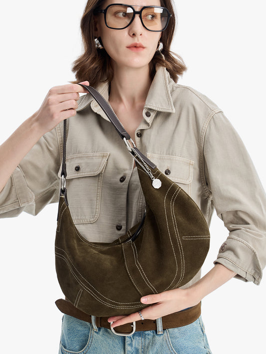 Large Suede Crossbody Purse, Black Suede Slouchy Bag & Crescent Hobo for Women