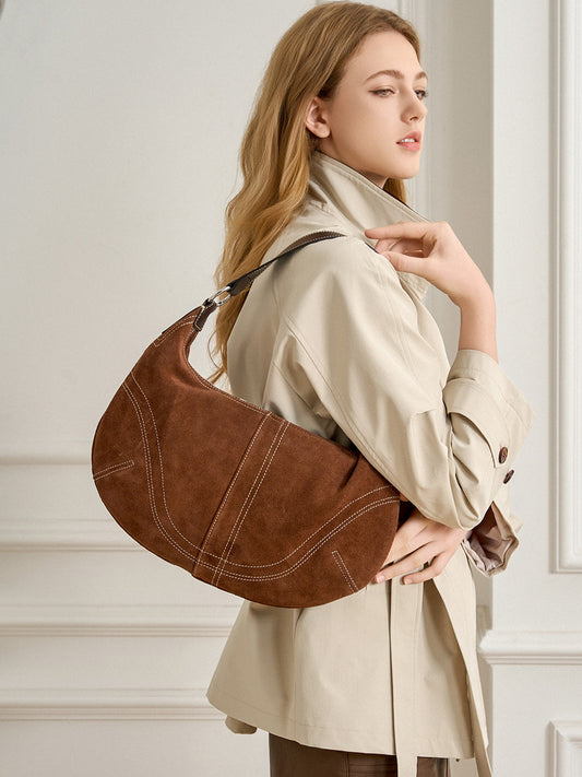 Large Suede Crossbody Purse, Black Suede Slouchy Bag & Crescent Hobo for Women