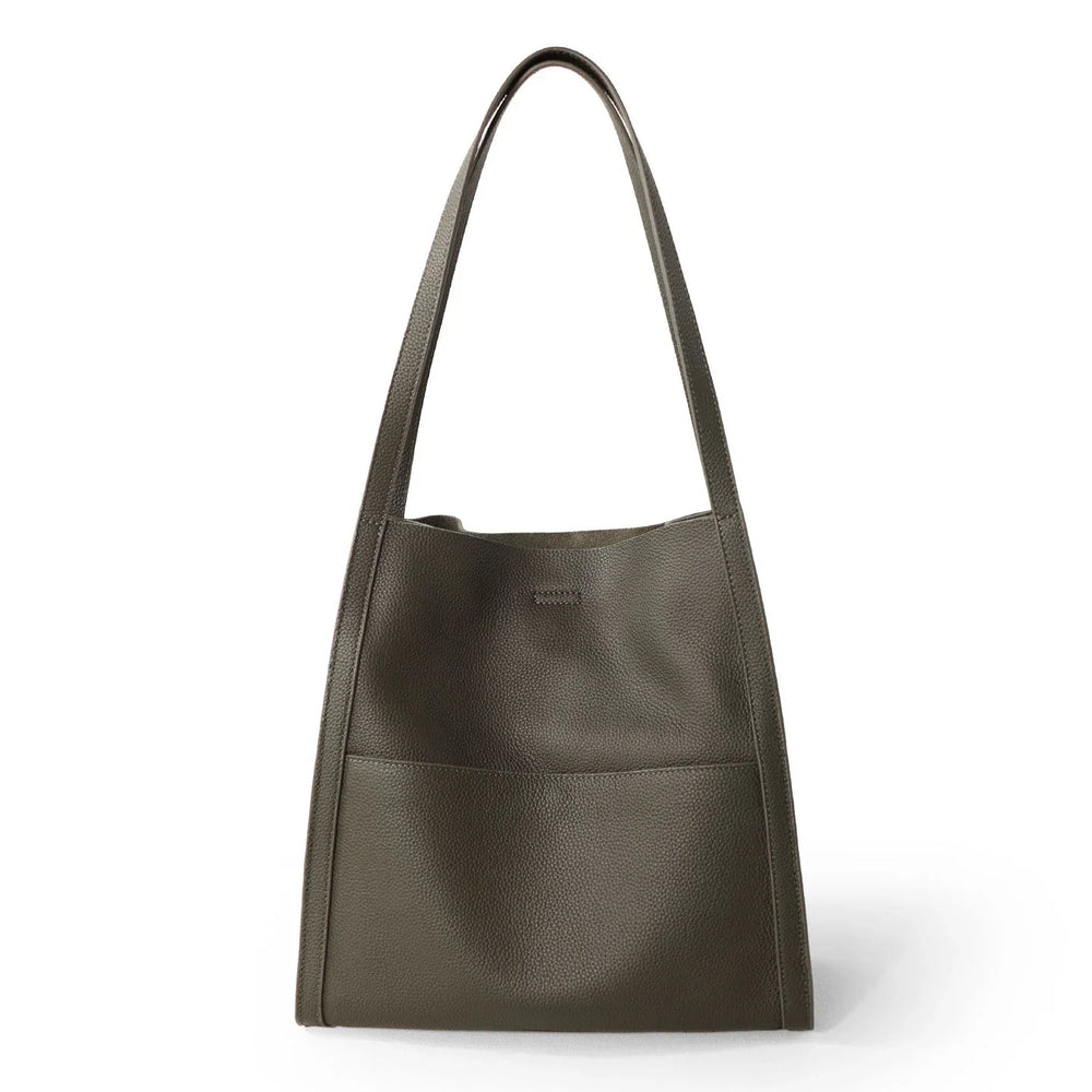 Minimalist grain cowhide leather tote bag with long handles, dark grey, on white background