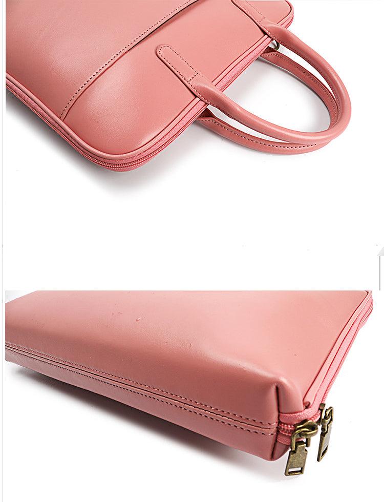Pink leather laptop briefcase for women with double handles and gold zipper, slim office bag