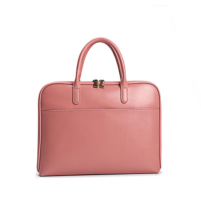 Pink leather women's laptop bag with top handles and zip closure, minimalist office briefcase.