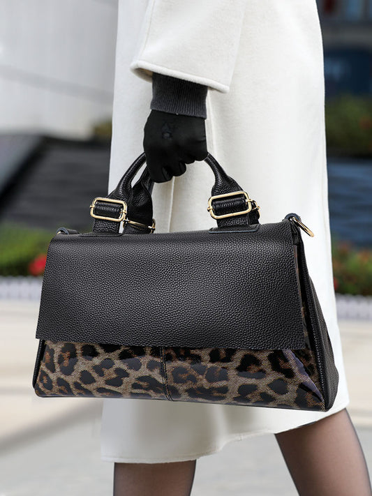 Leopard Print Cowhide Leather Shoulder Bag | Large Women's Handbag with Detachable Strap | Leather Crossbody Tot