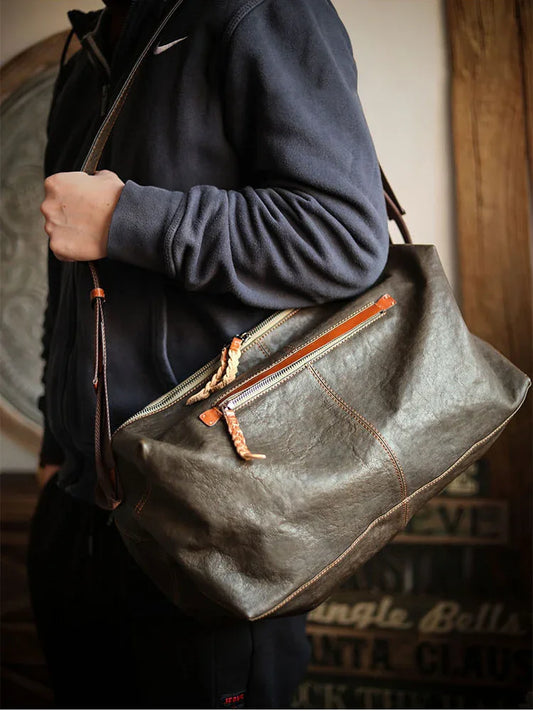 Lightweight Men's Soft Full-Grain Leather Travel Bag, Handmade Durable Cowhide Crossbody, Large Gym Bag, Weekender & Laptop Shoulder Bag
