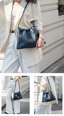 Luxurious Handwoven Lambskin Drawstring Shoulder Bag - Genuine Leather Shoulder Bucket Bag for Women