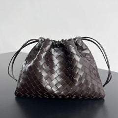 Luxurious Handwoven Lambskin Drawstring Shoulder Bag - Genuine Leather Shoulder Bucket Bag for Women