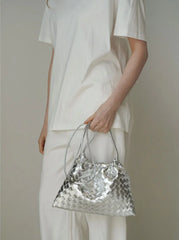 Luxurious Handwoven Lambskin Drawstring Shoulder Bag - Genuine Leather Shoulder Bucket Bag for Women