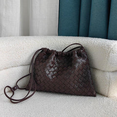 Luxurious Handwoven Lambskin Drawstring Shoulder Bag - Genuine Leather Shoulder Bucket Bag for Women