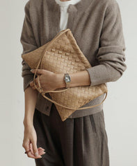 Luxurious Handwoven Lambskin Drawstring Shoulder Bag - Genuine Leather Shoulder Bucket Bag for Women
