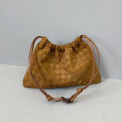 Luxurious Handwoven Lambskin Drawstring Shoulder Bag - Genuine Leather Shoulder Bucket Bag for Women