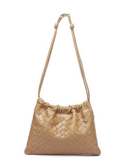 Luxurious Handwoven Lambskin Drawstring Shoulder Bag - Genuine Leather Shoulder Bucket Bag for Women