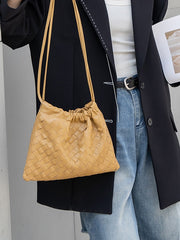 Luxurious Handwoven Lambskin Drawstring Shoulder Bag - Genuine Leather Shoulder Bucket Bag for Women