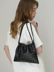 Luxurious Handwoven Lambskin Drawstring Shoulder Bag - Genuine Leather Shoulder Bucket Bag for Women