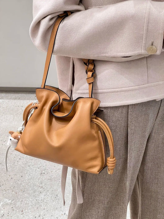 Luxurious Minimalist Soft Calfskin Bucket Bag | Shoulder Bag and Crossbody Bag for Women with Drawstring Closure