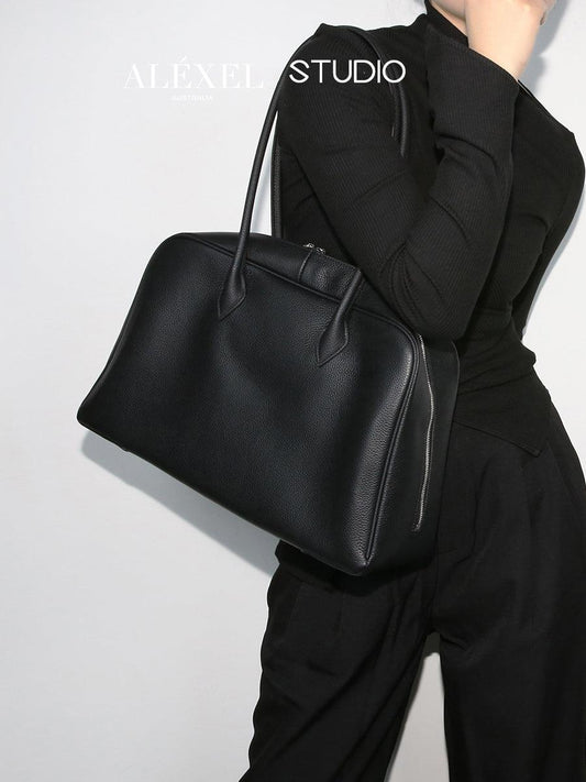 Luxury Togo Genuine Leather Boston Tote Bag for Women, Designer-Inspired Bowling Style, Large Laptop Commuter Bag