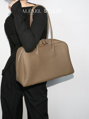 Luxury Togo Genuine Leather Boston Tote Bag for Women, Designer-Inspired Bowling Style, Large Laptop Commuter Bag
