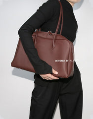 Luxury Togo Genuine Leather Boston Tote Bag for Women, Designer-Inspired Bowling Style, Large Laptop Commuter Bag