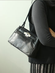 Luxury Black Leather Tote Bag, Handmade Togo and Lambskin Leather Shoulder Bag and Crossbody Square Bag