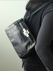 Luxury Black Leather Tote Bag, Handmade Togo and Lambskin Leather Shoulder Bag and Crossbody Square Bag