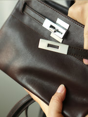 Luxury Black Leather Tote Bag, Handmade Togo and Lambskin Leather Shoulder Bag and Crossbody Square Bag