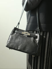 Luxury Black Leather Tote Bag, Handmade Togo and Lambskin Leather Shoulder Bag and Crossbody Square Bag