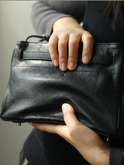 Luxury Black Leather Tote Bag, Handmade Togo and Lambskin Leather Shoulder Bag and Crossbody Square Bag