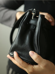 Luxury Black Leather Tote Bag, Handmade Togo and Lambskin Leather Shoulder Bag and Crossbody Square Bag