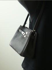Luxury Black Leather Tote Bag, Handmade Togo and Lambskin Leather Shoulder Bag and Crossbody Square Bag