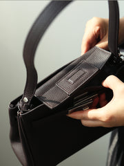 Luxury Black Leather Tote Bag, Handmade Togo and Lambskin Leather Shoulder Bag and Crossbody Square Bag