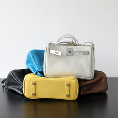 Luxury Black Leather Tote Bag, Handmade Togo and Lambskin Leather Shoulder Bag and Crossbody Square Bag