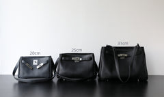 Luxury Black Leather Tote Bag, Handmade Togo and Lambskin Leather Shoulder Bag and Crossbody Square Bag