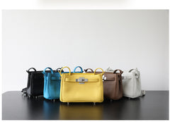 Luxury Black Leather Tote Bag, Handmade Togo and Lambskin Leather Shoulder Bag and Crossbody Square Bag