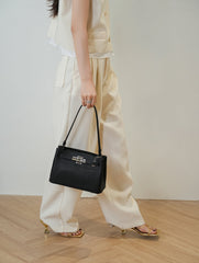 Luxury Black Leather Tote Bag, Handmade Togo and Lambskin Leather Shoulder Bag and Crossbody Square Bag