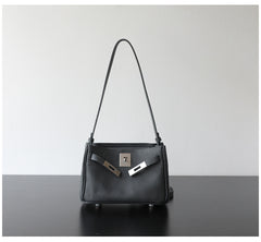 Luxury Black Leather Tote Bag, Handmade Togo and Lambskin Leather Shoulder Bag and Crossbody Square Bag