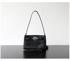 Luxury Black Leather Tote Bag, Handmade Togo and Lambskin Leather Shoulder Bag and Crossbody Square Bag