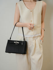 Luxury Black Leather Tote Bag, Handmade Togo and Lambskin Leather Shoulder Bag and Crossbody Square Bag