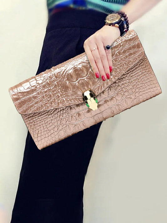 Luxury Cowhide Leather Crocodile-Embossed Clutch, Elegant Genuine Leather Evening Bag for Women