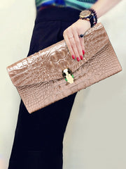 Luxury Cowhide Leather Crocodile-Embossed Clutch, Elegant Genuine Leather Evening Bag for Women