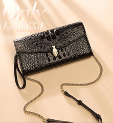 Luxury Cowhide Leather Crocodile-Embossed Clutch, Elegant Genuine Leather Evening Bag for Women