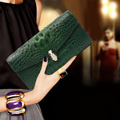 Luxury Cowhide Leather Crocodile-Embossed Clutch, Elegant Genuine Leather Evening Bag for Women