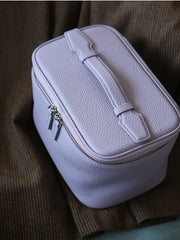 Luxury Full Grain Leather Cosmetic Purse with Mirror | Makeup Organizer & Travel Cosmetic Bag with Handle | Toiletry Case for Women & Men